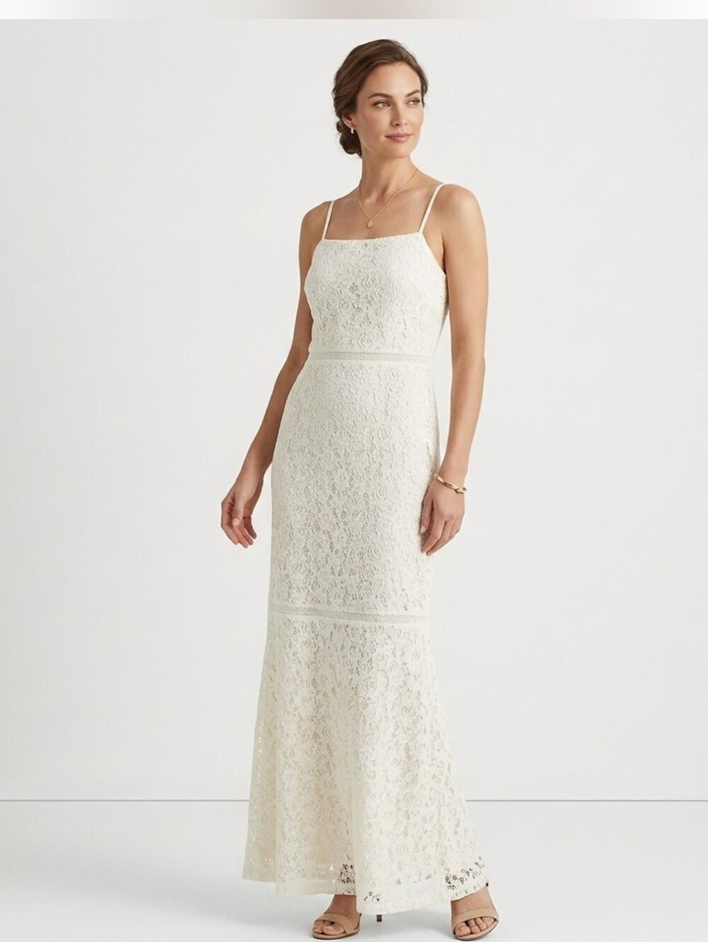 Lauren Ralph Lauren Cream Floral Lace Maxi Bridal Formal Prom Dress Size 12